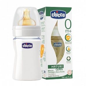 Chicco бутылочка стеклянная 150 мл., соска латекс 0% BPA, нормальный поток (0 м+)